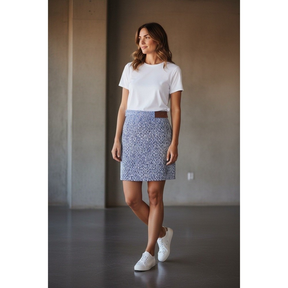 Michael Kors Blue White Ikat Diamond Print‎ Pencil Skirt with Leather Tab Size 8